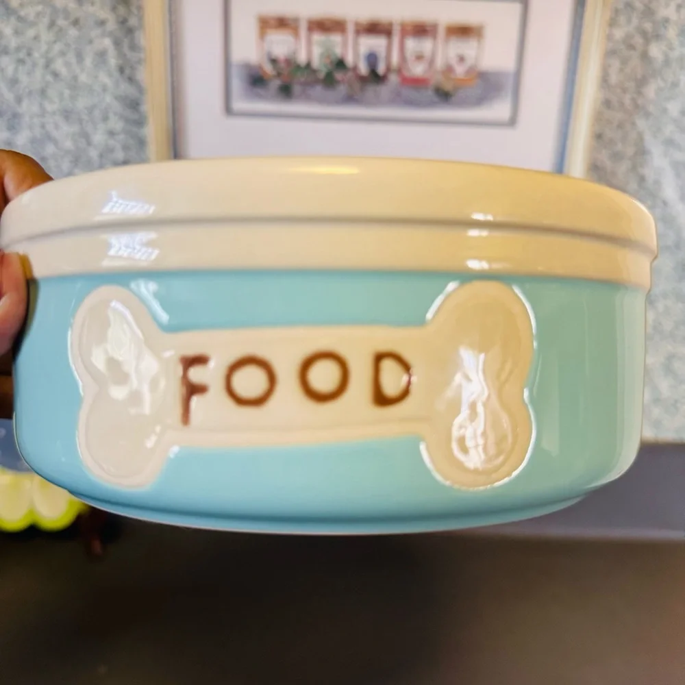 Ceramic Dog Bowl Blue White & Food, Brown Letters With Brown Bone Print